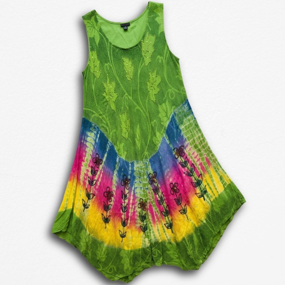 Sacred Threads Green‎ Tie Dye Embroidered Sequin Handkerchief Hem Midi Dress OS